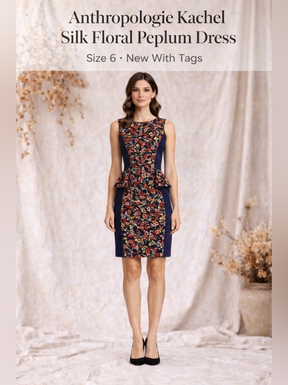 Anthropologie Kachel Silk Floral Peplum Dress Size 6 Red Blue Career Party